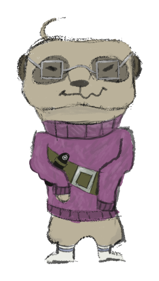 Duno, our meerkat mascot, in a purple turtleneck and round glasses, looking unimpressed